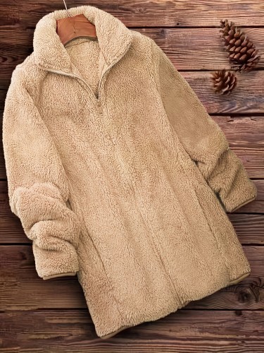 Zip Up Solid Teddy Coat, Casual Long Sleeve Winter Outerwear, Women's Clothing