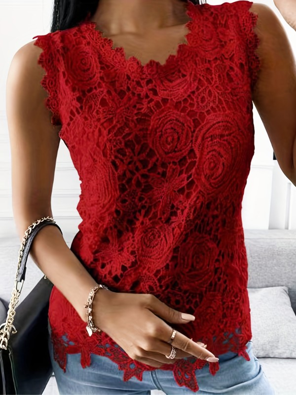 Lace Tank Top, Sleeveless Cute Casual Top For Summer & Spring, Women's Clothing