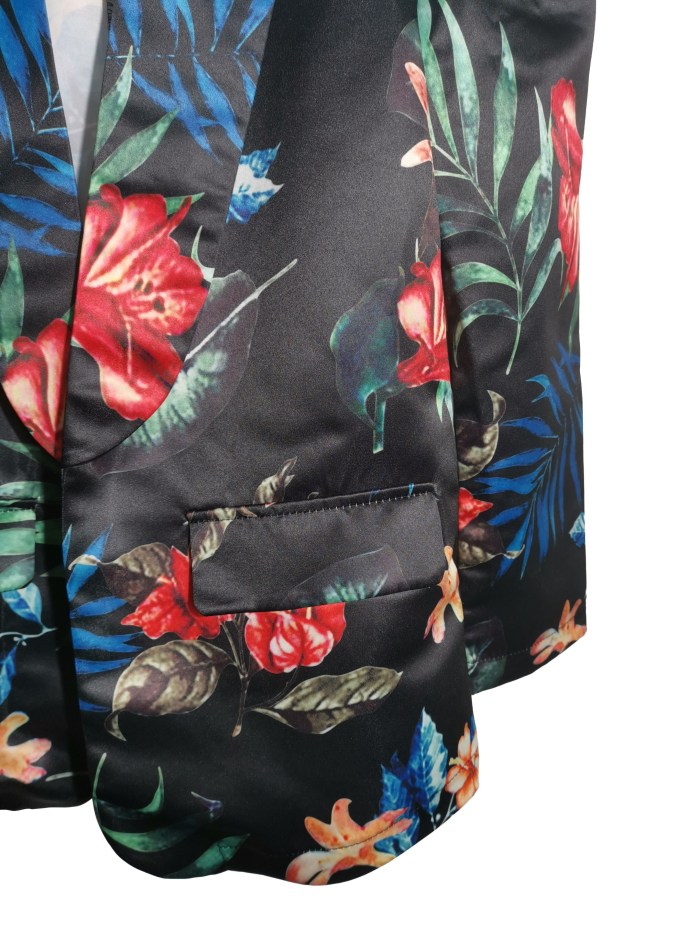 Floral Print Open Front Blazer, Elegant Lapel Long Sleeve Blazer For Spring & Fall, Women's Clothing