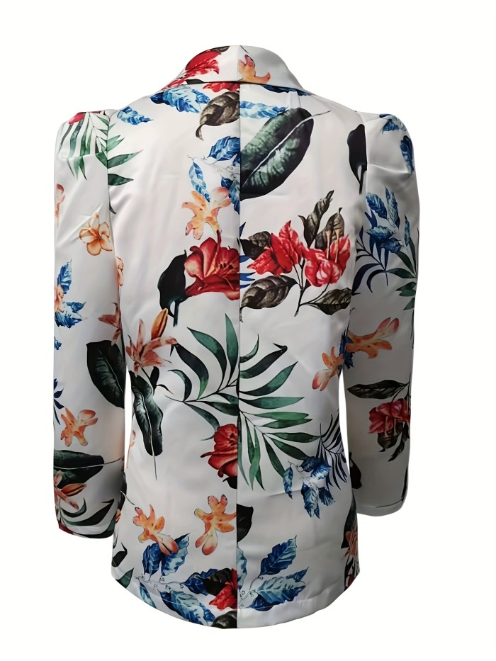 Floral Print Open Front Blazer, Elegant Lapel Long Sleeve Blazer For Spring & Fall, Women's Clothing