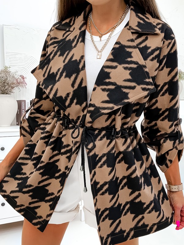 Houndstooth Print Open Front Jacket, Casual Lapel Neck Drawstring Long Sleeve Jacket For Spring & Fall, Women's Clothing