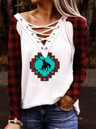 Criss Cross Stitch Plaid Long Sleeve T-shirt, Drawstring Casual Loose Autumn & Winter T-shirt, Women's Clothing