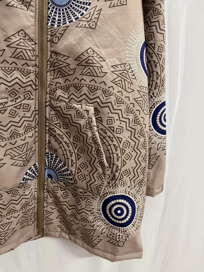 Ethnic Graphic Hooded Coat, Boho Zip Up Long Sleeve Warm Outerwear, Women's Clothing