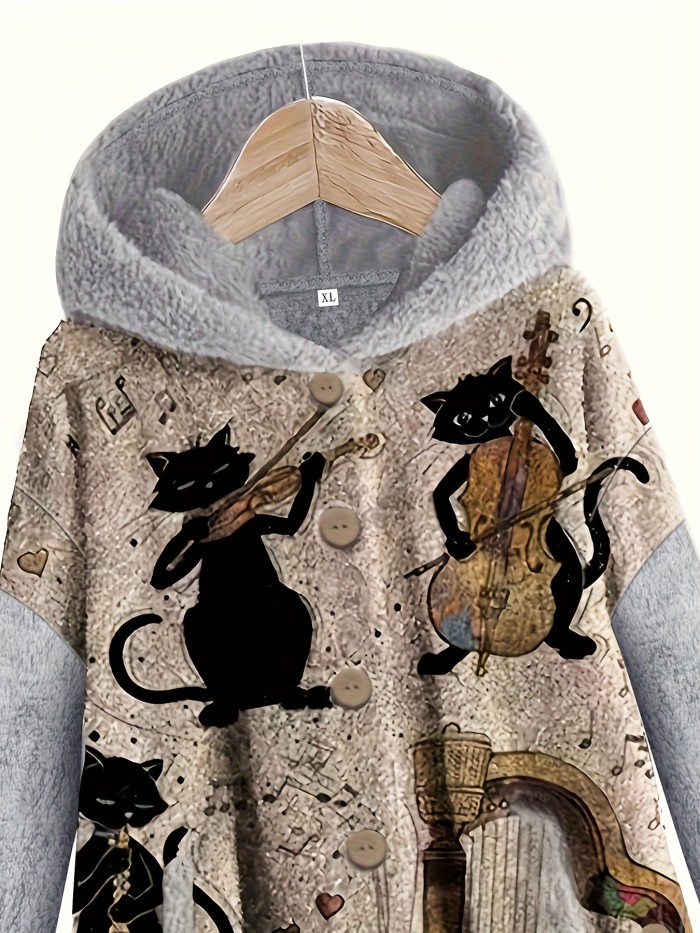 Animal Print Side Pockets Hoodie, Casual Long Sleeve Button Fuzzy Hooded Sweatshirt For Spring & Fall, Women's Clothing