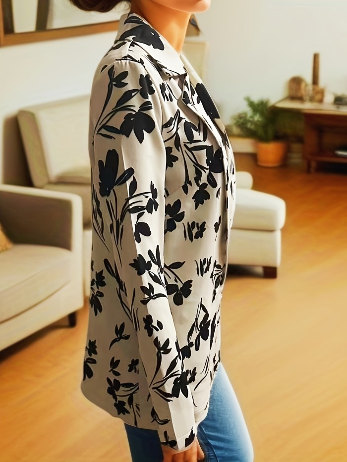 Floral Print Button Front Blazer, Casual Long Sleeve Lapel Collar Blazer, Women's Clothing
