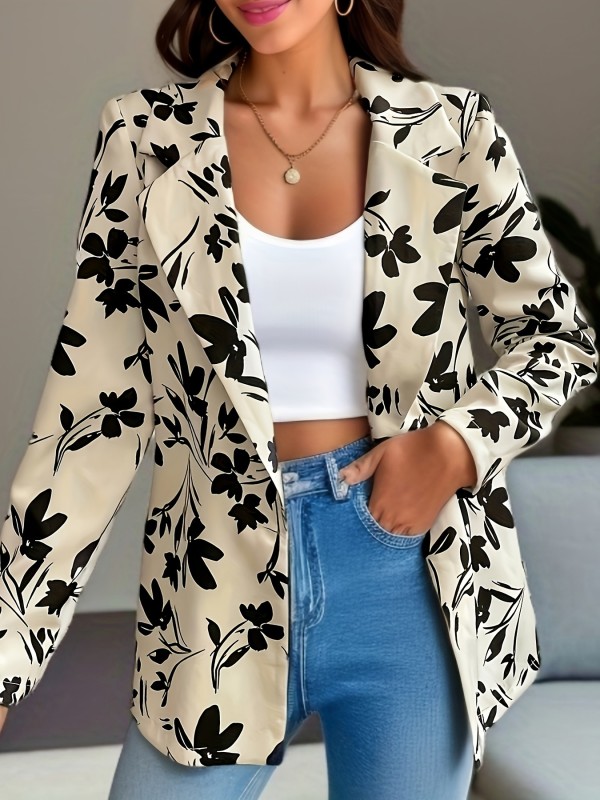 Floral Print Button Front Blazer, Casual Long Sleeve Lapel Collar Blazer, Women's Clothing