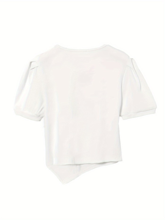 Chic Cut Out Twist Front T-Shirt, Asymmetric Hem Puff Sleeve T-Shirt For Spring & Summer, Women's Clothing