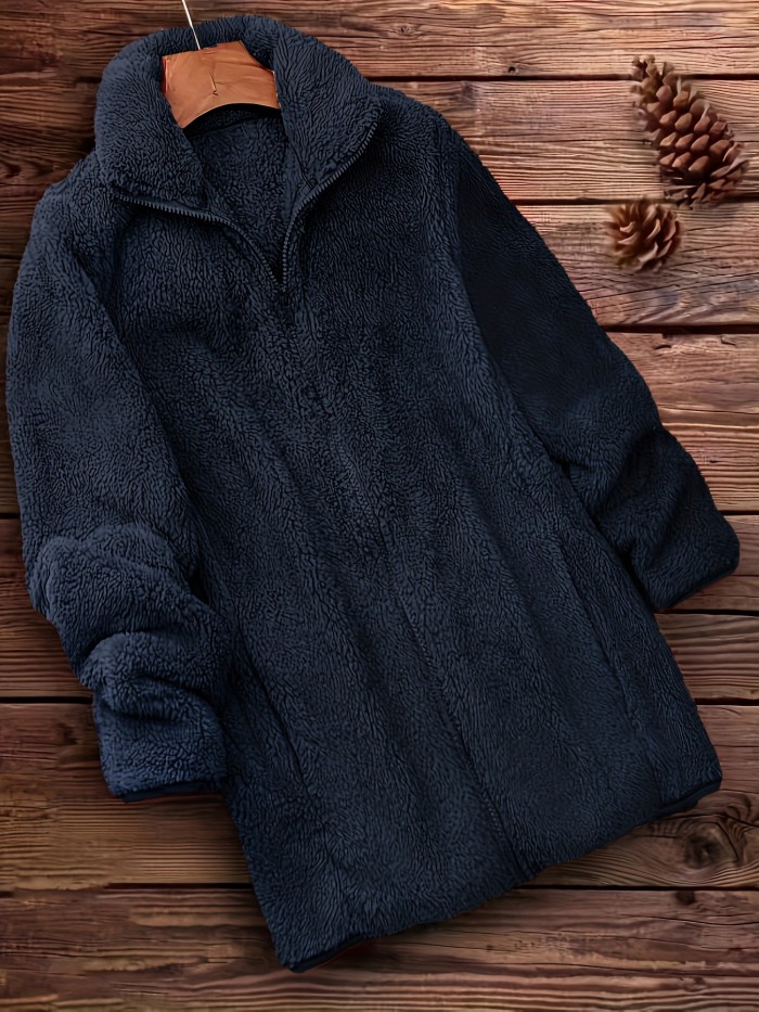 Zip Up Solid Teddy Coat, Casual Long Sleeve Winter Outerwear, Women's Clothing
