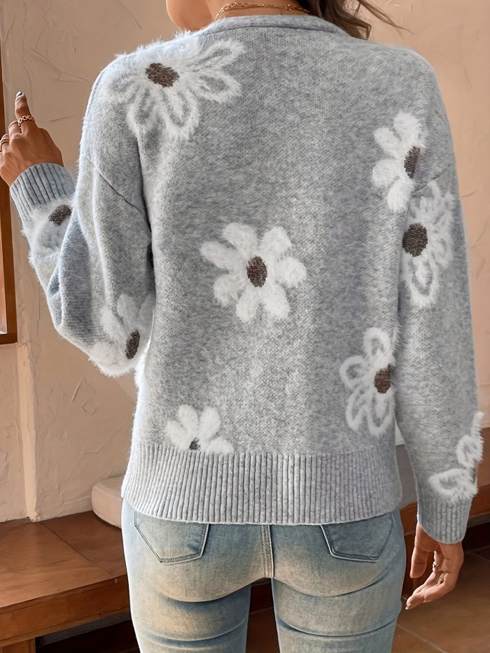 Floral Pattern Button Down Knit Cardigan, Casual V Neck Long Sleeve Sweater, Women's Clothing