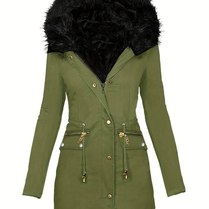 Faux Fur Hood Drawstring Parka Coat, Zip Up Button Front Pocket Thermal Overcoat, Women's Clothing