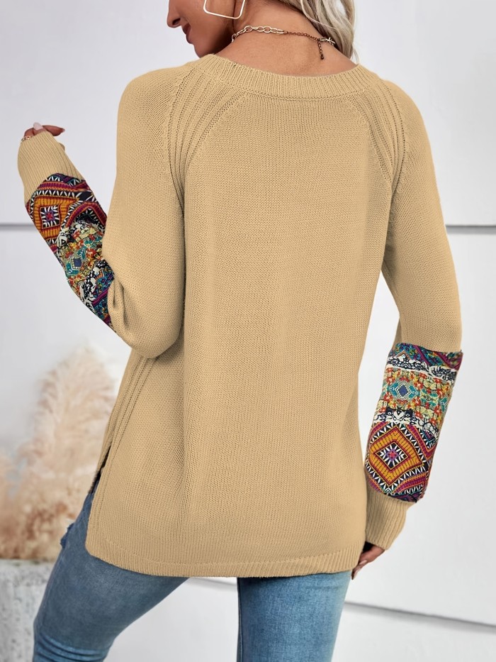 Aztec Pattern Crew Neck Split Sweater, Vintage Long Sleeve Raglan Shoulder Sweater, Women's Clothing