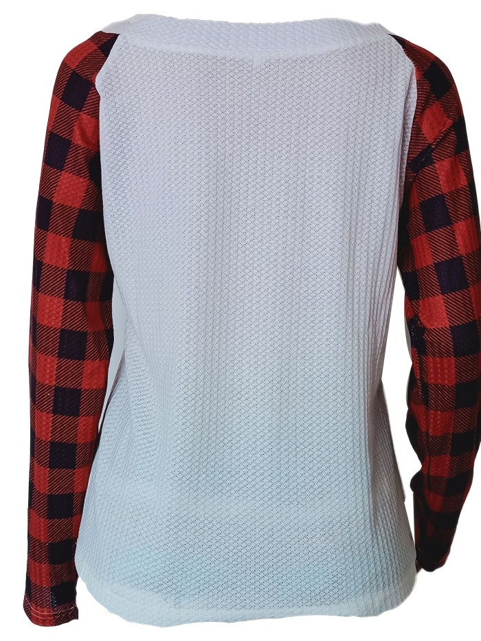Criss Cross Stitch Plaid Long Sleeve T-shirt, Drawstring Casual Loose Autumn & Winter T-shirt, Women's Clothing