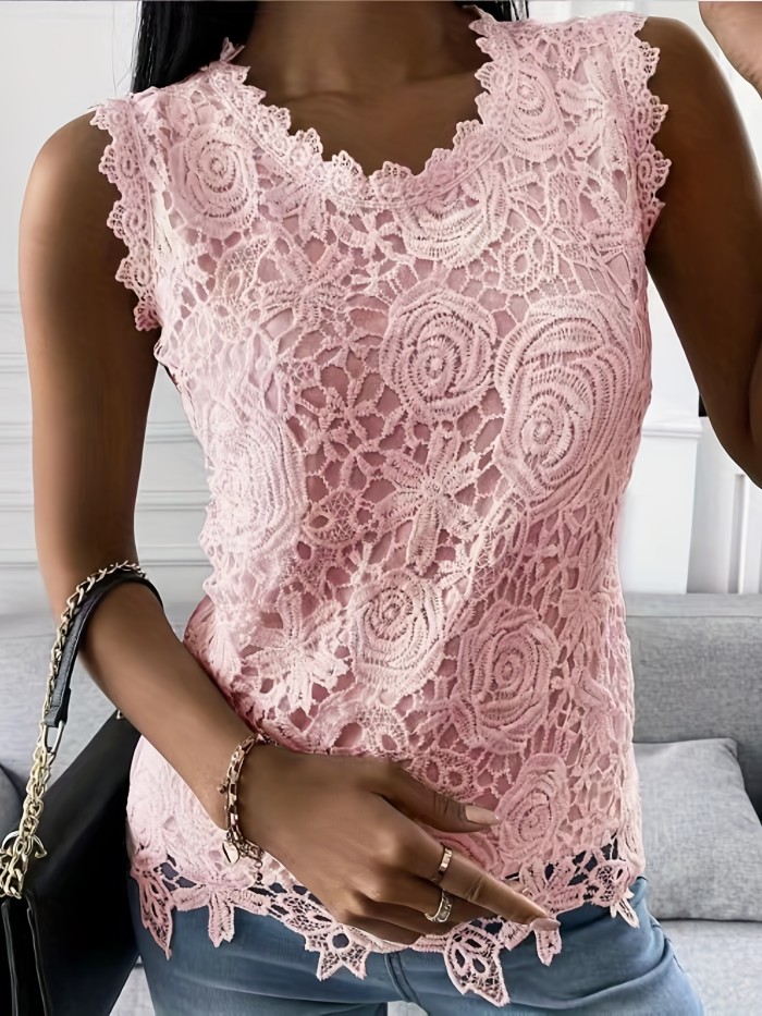Lace Tank Top, Sleeveless Cute Casual Top For Summer & Spring, Women's Clothing