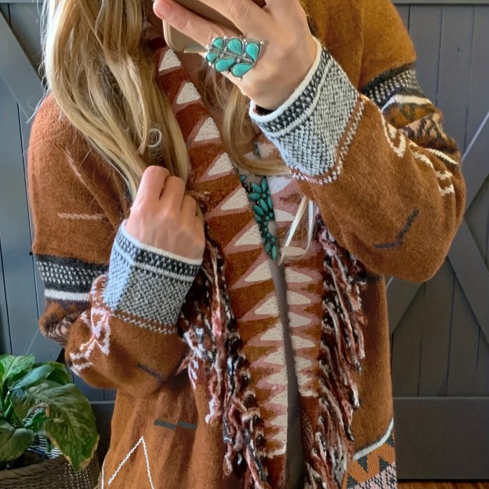 Tribal Pattern Open Front Knit Cardigan, Vintage Tassel Trim Long Sleeve Sweater, Women's Clothing