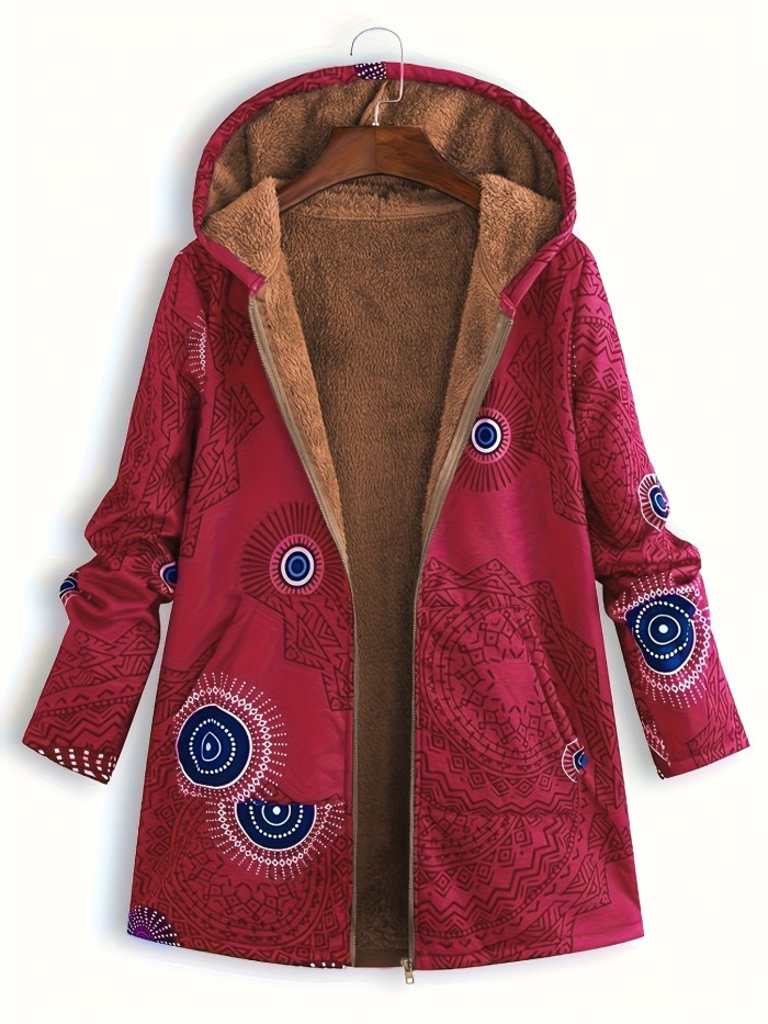 Ethnic Graphic Hooded Coat, Boho Zip Up Long Sleeve Warm Outerwear, Women's Clothing