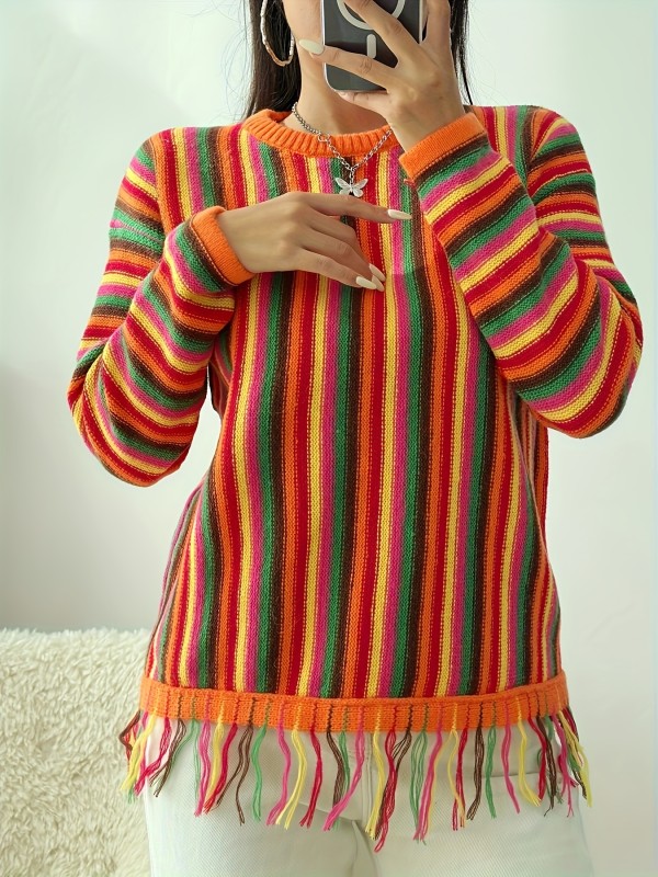 Colorful Striped Crew Neck Pullover Sweater, Boho Tassel Trim Long Sleeve Sweater, Women's Clothing