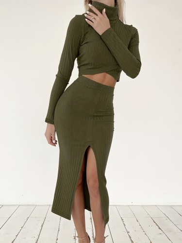 Solid Ribbed Two-piece Set, Turtleneck Long Sleeve Crop Top & High Waist Bodycon Skirt Outfits, Women's Clothing