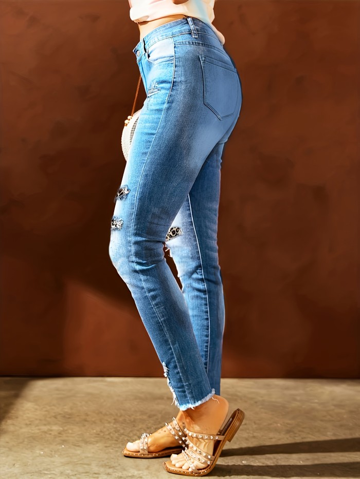 Blue Raw Hem Straight Jeans, Leopard Print Patchwork Ripped Holes Slight-Stretch Denim Pants, Women's Denim Jeans & Clothing