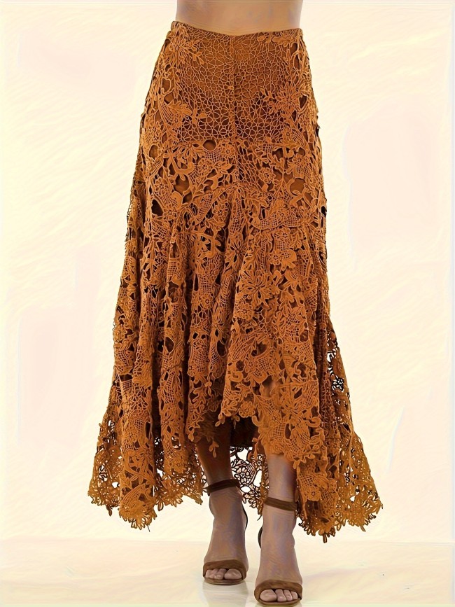 Solid Color Contrast Lace Skirt, Casual Cut Out Loose Long Skirt For Every Day, Women's Clothing