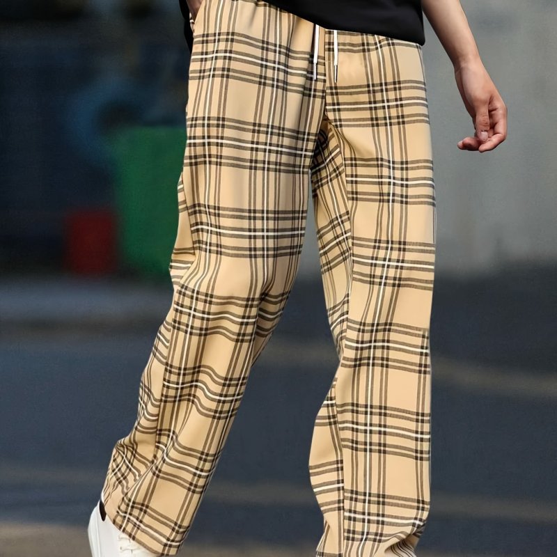 Plaid Pattern Joggers, Men's Casual Loose Fit Waist Drawstring Pants For Spring Summer