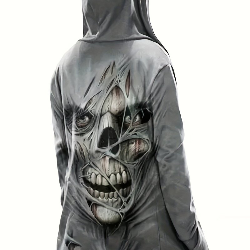 Vintage Skull 3D Print, Plus Size Men's Fleece Hooded Jacket, Casual Thermal Jacket