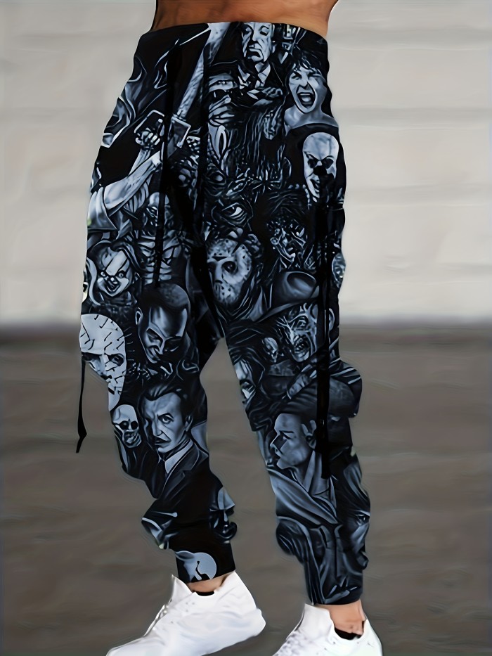 Halloween Skull Pattern Print, Men's Drawstring Sweatpants, Casual Comfy Jogger Pants, Men's Clothing