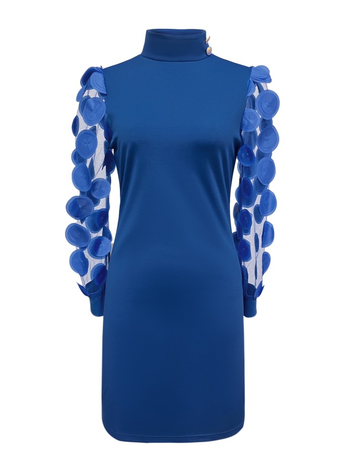Solid Mock Neck Dress, Elegant Illusion Sleeve Button Decor Dress, Women's Clothing