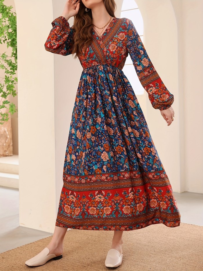 Boho Floral Print Surplice Neck Waist Dress, Long Sleeve Ruffle Maxi Dress, Women's Clothing