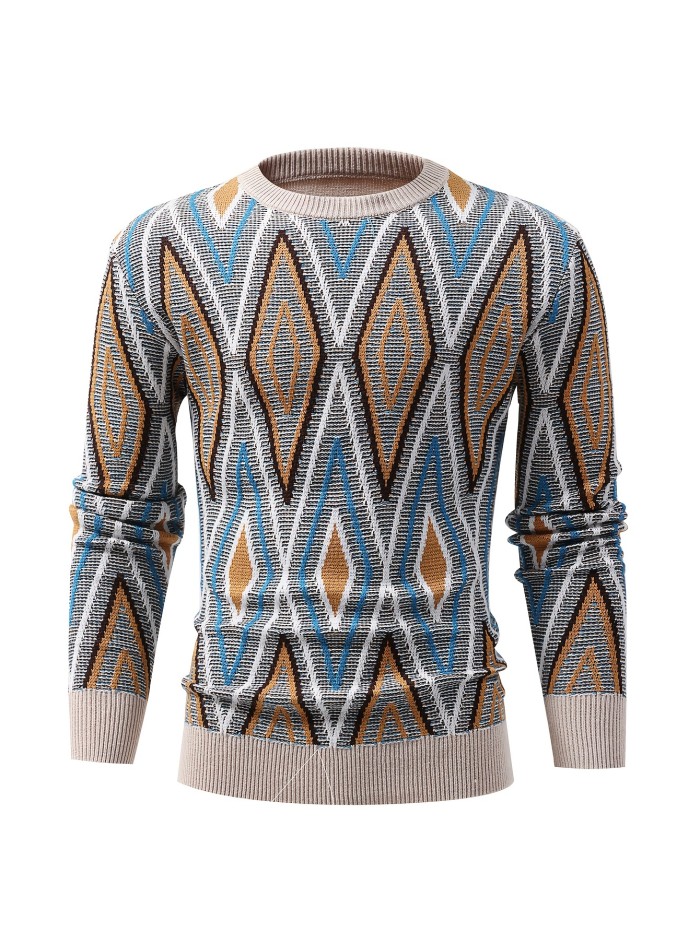 Ethnic Geometric Pattern Knitted Sweater, Men's Casual Warm High Stretch Crew Neck Pullover Sweater For Men Fall Winter