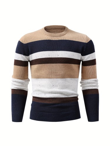 Men's Stylish Stripe Pattern Knitted Pullover, Casual Breathable Long Sleeve Crew Neck Top For City Walk Street Hanging Outdoor Activities