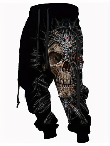 Halloween Skull Print, Men's Drawstring Sweatpants, Casual Comfy Jogger Pants, Men's Clothing