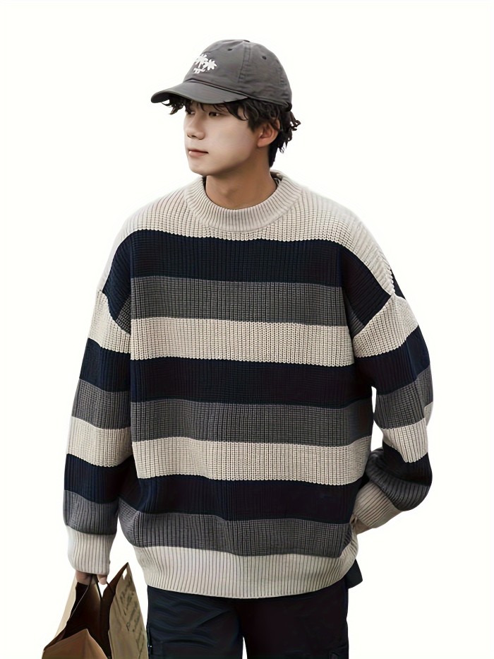 Men's Stylish Color Matching Knitted Pullover, Casual Breathable Long Sleeve Crew Neck Top For City Walk Street Hanging Outdoor Activities