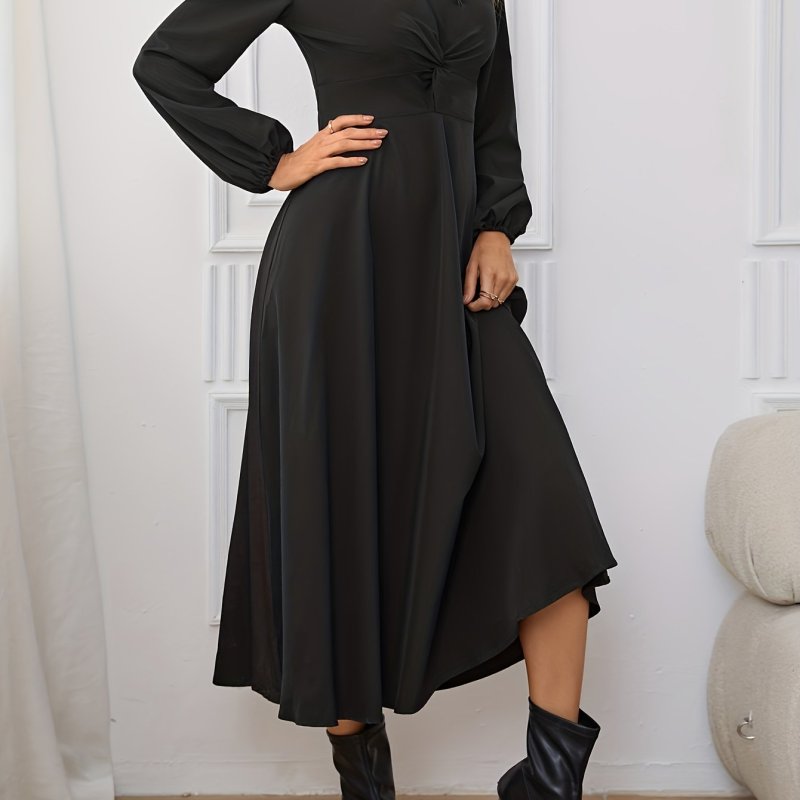 Twist Front V Neck A-line Dress, Elegant Solid Lantern Sleeve Midi Dress, Women's Clothing