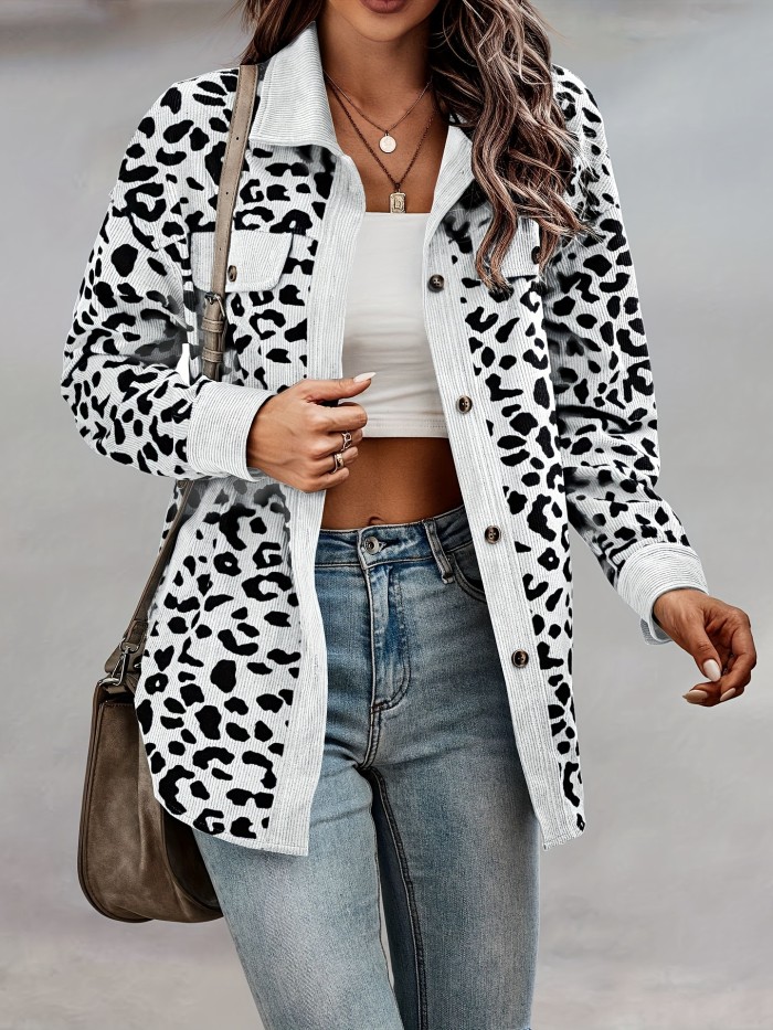 Leopard Print Shacket Jacket, Casual Button Front Turn Down Collar Long Sleeve Outerwear, Women's Clothing