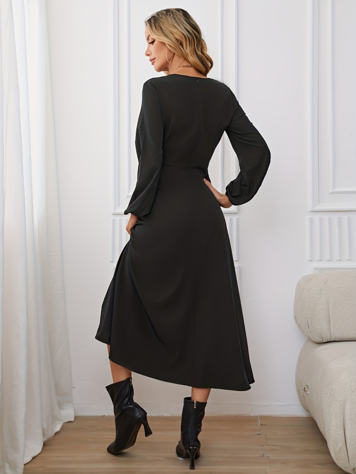 Twist Front V Neck A-line Dress, Elegant Solid Lantern Sleeve Midi Dress, Women's Clothing