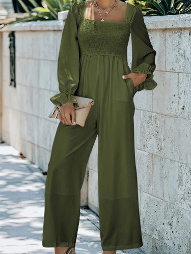 Shirred Square Neck Jumpsuit, Casual Solid Long Sleeve Jumpsuit For Spring & Fall, Women's Clothing