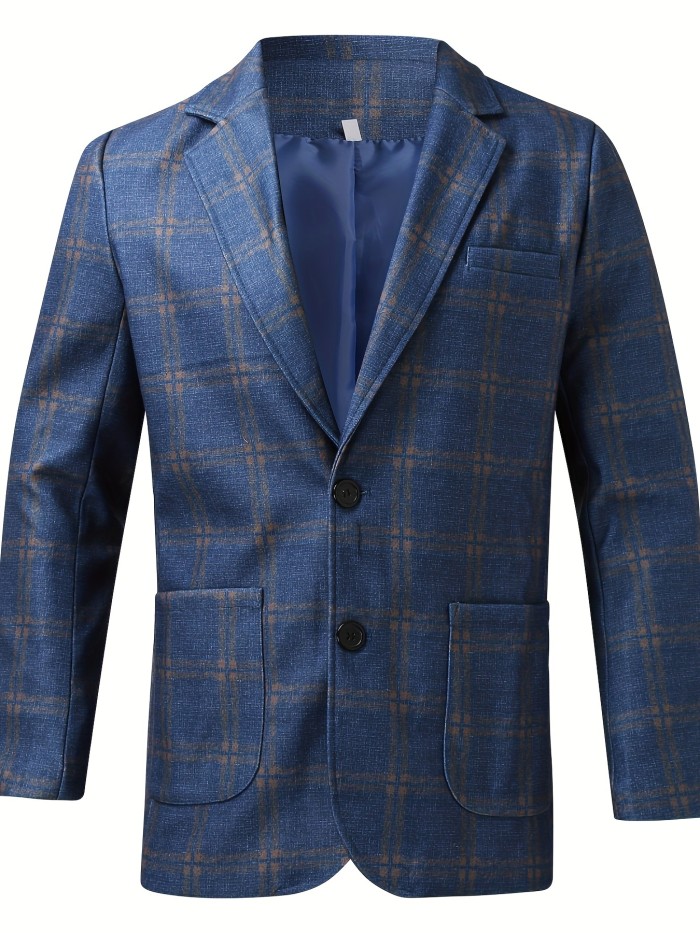Men's Checkered Pattern Blazer, Formal Two Button Lapel Suit Jacket For Spring Fall Business Banquets, Parties