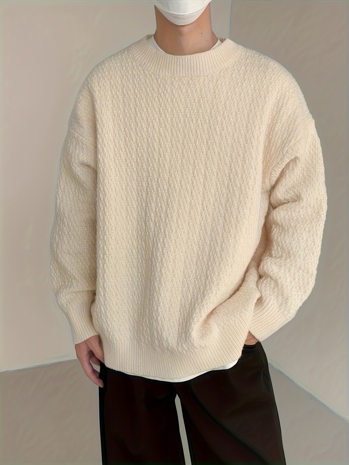 All Match Knitted Cable Sweater, Men's Casual Warm Mid Stretch Crew Neck Pullover Sweater For Men Fall Winter
