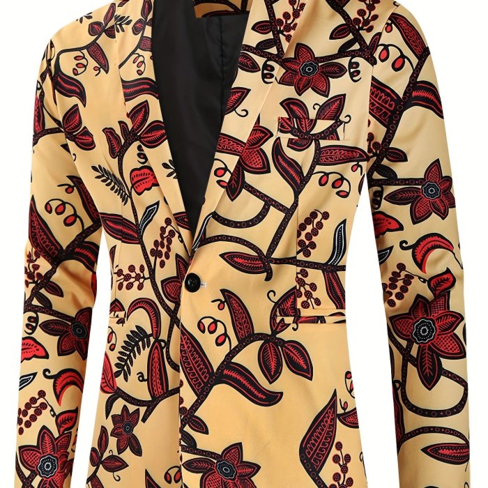 Creative Allover Print One Button Blazer, Men's Casual Flap Pocket Lapel Sports Coat For Spring Fall Party Dinner