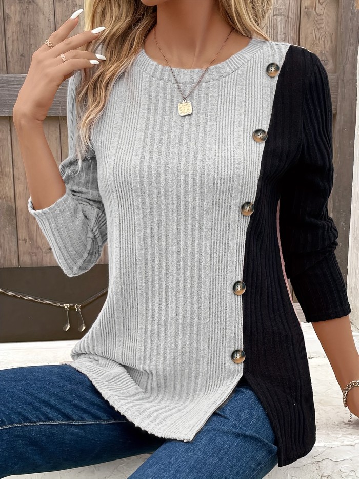 Ribbed Colorblock Button Decor T-Shirt, Casual Long Sleeve Top For Spring & Fall, Women's Clothing