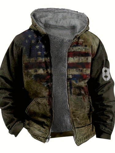 Flag Pattern Vintage Style Warm Fleece Coat, Men's Casual Hooded Warm Thick Jacket For Fall Winter