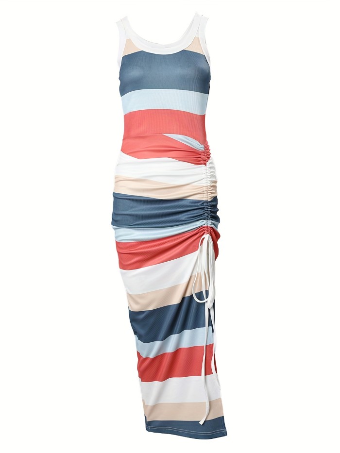 Striped Print Drawstring Dress, Casual Crew Neck Sleeveless Split Summer Dress, Women's Clothing