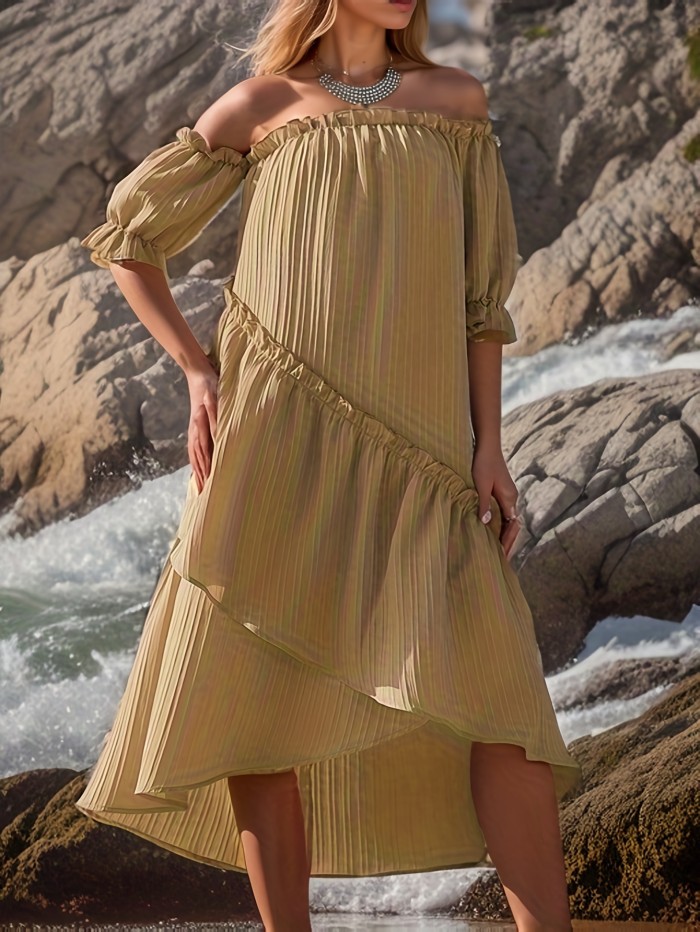 Lettuce Trim Asymmetrical Dress, Casual Solid Off Shoulder Textured Dress, Women's Clothing