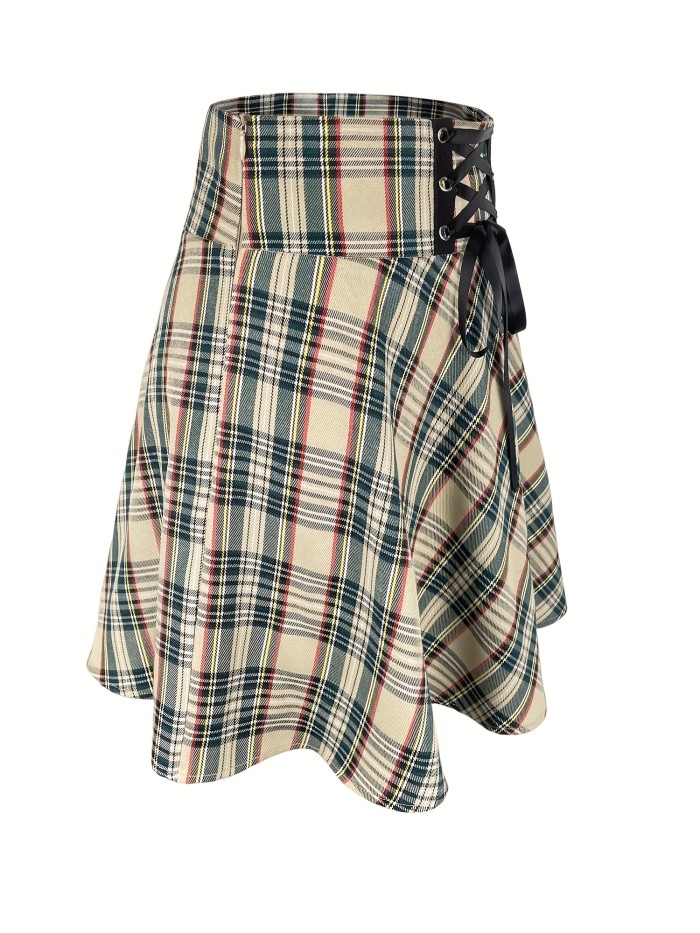 Plaid Print Lace Up Skirt, Vintage High Waist Ruffle Hem Mini Skirt, Women's Clothing