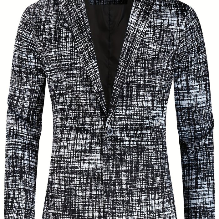 Musical Note One Button Blazer, Men's Casual Flap Pocket Lapel Sports Coat For Spring Fall Business
