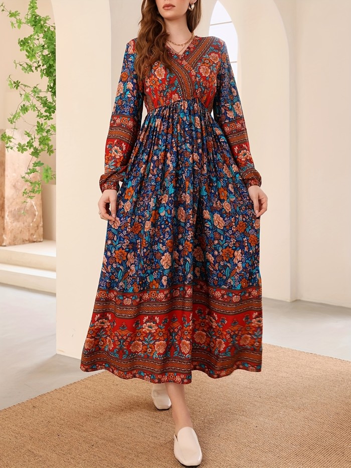 Boho Floral Print Surplice Neck Waist Dress, Long Sleeve Ruffle Maxi Dress, Women's Clothing