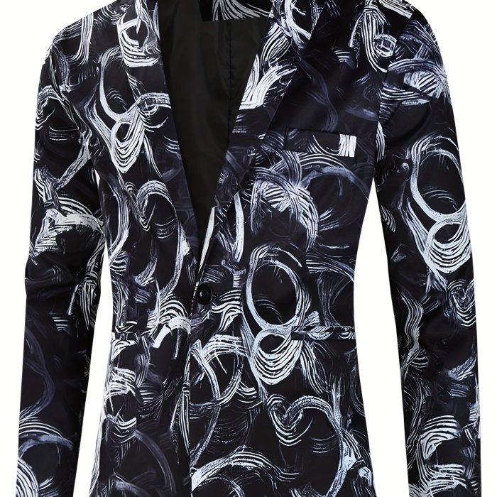 Creative Allover Print One Button Blazer, Men's Casual Flap Pocket Lapel Sports Coat For Spring Fall Party Dinner
