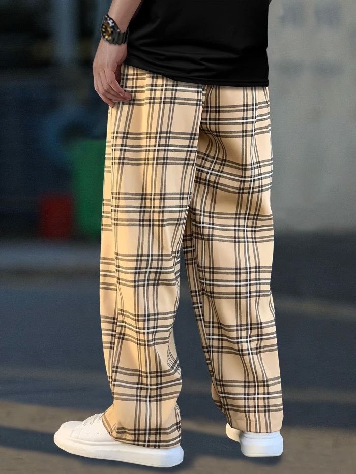 Plaid Pattern Joggers, Men's Casual Loose Fit Waist Drawstring Pants For Spring Summer