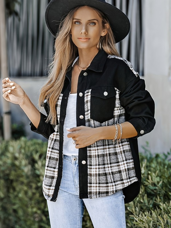 Plaid Pattern Patchwork Denim Jacket, Flap Pocket Lapel Neck Loose Denim Coat, Women's Denim Clothing