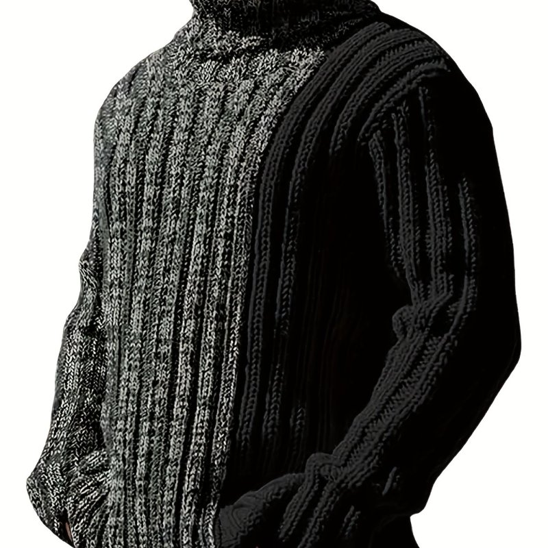 Turtleneck Knitted Sweater, Men's Casual Warm Color Block Mid Stretch Pullover Sweater For Fall Winter